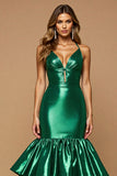 Robe de bal longue sirène en satin vert foncé avec volants