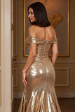 Robe longue de bal métallisée Golden A Line avec fente