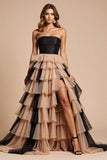 Robe longue de bal en tulle noir et rose avec fente