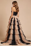Robe longue de bal en tulle noir et rose avec fente