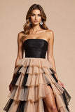Robe longue de bal en tulle noir et rose avec fente
