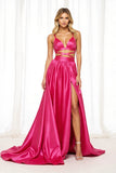 Robe longue de bal en satin fuchsia avec fente