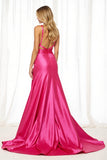 Robe longue de bal en satin fuchsia avec fente
