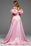 Robe longue de bal en satin rose florale une ligne avec fente