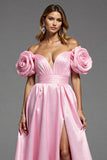 Robe longue de bal en satin rose florale une ligne avec fente