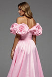 Robe longue de bal en satin rose florale une ligne avec fente