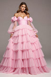 Tulle rose Floral Une ligne longue robe de bal avec volants