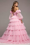 Tulle rose Floral Une ligne longue robe de bal avec volants