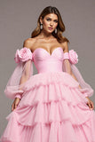 Tulle rose Floral Une ligne longue robe de bal avec volants