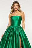 Robe de bal en satin A Line vert foncé avec fente