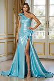 Robe de bal sirène en satin bleu avec fente