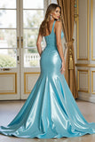 Robe de bal sirène en satin bleu avec fente