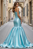 Robe de bal longue à volants en satin bleu sirène avec fente