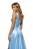 Robe longue de bal en satin bleu scintillant avec fente