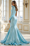 Robe de bal à une épaule en satin bleu avec fente
