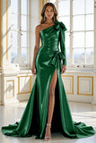 Robe de bal à une épaule en satin bleu avec fente
