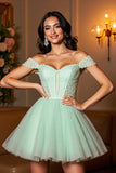 Robe de cocktail vert clair A ligne à épaules dénudées avec appliques
