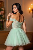 Robe de cocktail vert clair A ligne à épaules dénudées avec appliques