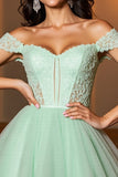 Robe de cocktail vert clair A ligne à épaules dénudées avec appliques