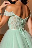 Robe de cocktail vert clair A ligne à épaules dénudées avec appliques