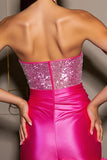 Robe moulante moulante en satin fuchsia scintillant avec fleurs 3D