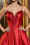 Spaghetti rouge bretelles satin une ligne robe de bal avec perles