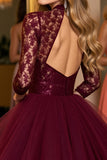Corset en tulle bordeaux haut col illusion courte robe de bal avec dentelle