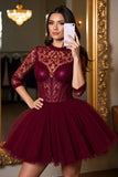 Corset bordeaux Robe courte en tulle à col illusion avec dentelle