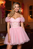 Tulle rose Une ligne Corset Épaule froide Robe courte de retour à la maison