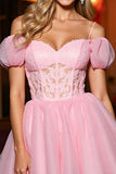 Tulle rose Une ligne Corset Épaule froide Robe courte de retour à la maison