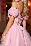 Tulle rose Une ligne Corset Épaule froide Robe courte de retour à la maison