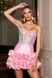 Robe courte moulante perlée en satin rose scintillant avec des fleurs 3D