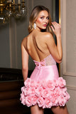 Robe courte moulante perlée en satin rose scintillant avec des fleurs 3D