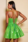 Vert scintillant A ligne paillettes à lacets dans le dos Robe courte de retour à la maison