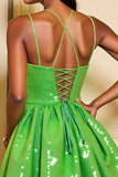 Vert scintillant A ligne paillettes à lacets dans le dos Robe courte de retour à la maison