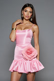 Satin rose moulante spaghetti bretelles Robe courte de bal avec fleurs 3D
