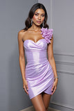 Robe de bal moulante en satin lilas à une épaule avec fleurs 3D