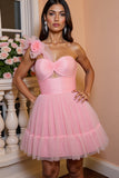 Une épaule rose une ligne Tulle Homecoming Dress avec des fleurs 3D