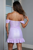 Robe moulante à épaules dénudées lilas avec volants