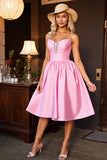 Satin rose A ligne spaghetti bretelles Midi Homecoming Dress