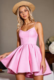 Rose Une ligne satin spaghetti bretelles robe courte de bal