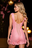 Robe courte moulante rose froncée avec fleurs 3D