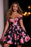 Robe courte de bal en satin floral imprimé noir