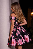 Robe courte de bal en satin floral imprimé noir