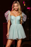 Robe de retour à la maison froncée verte à manches courtes