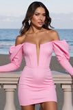 Robe moulante à manches longues rose à épaules dénudées