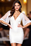 Robe de cocktail blanche à col en V et demi-manches