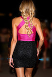 Robe moulante moulante scintillante noire fuchsia pour retrouvailles