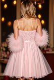 Robe de retour à la maison corset blush scintillant avec des plumes