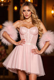 Robe de retour à la maison corset blush scintillant avec des plumes